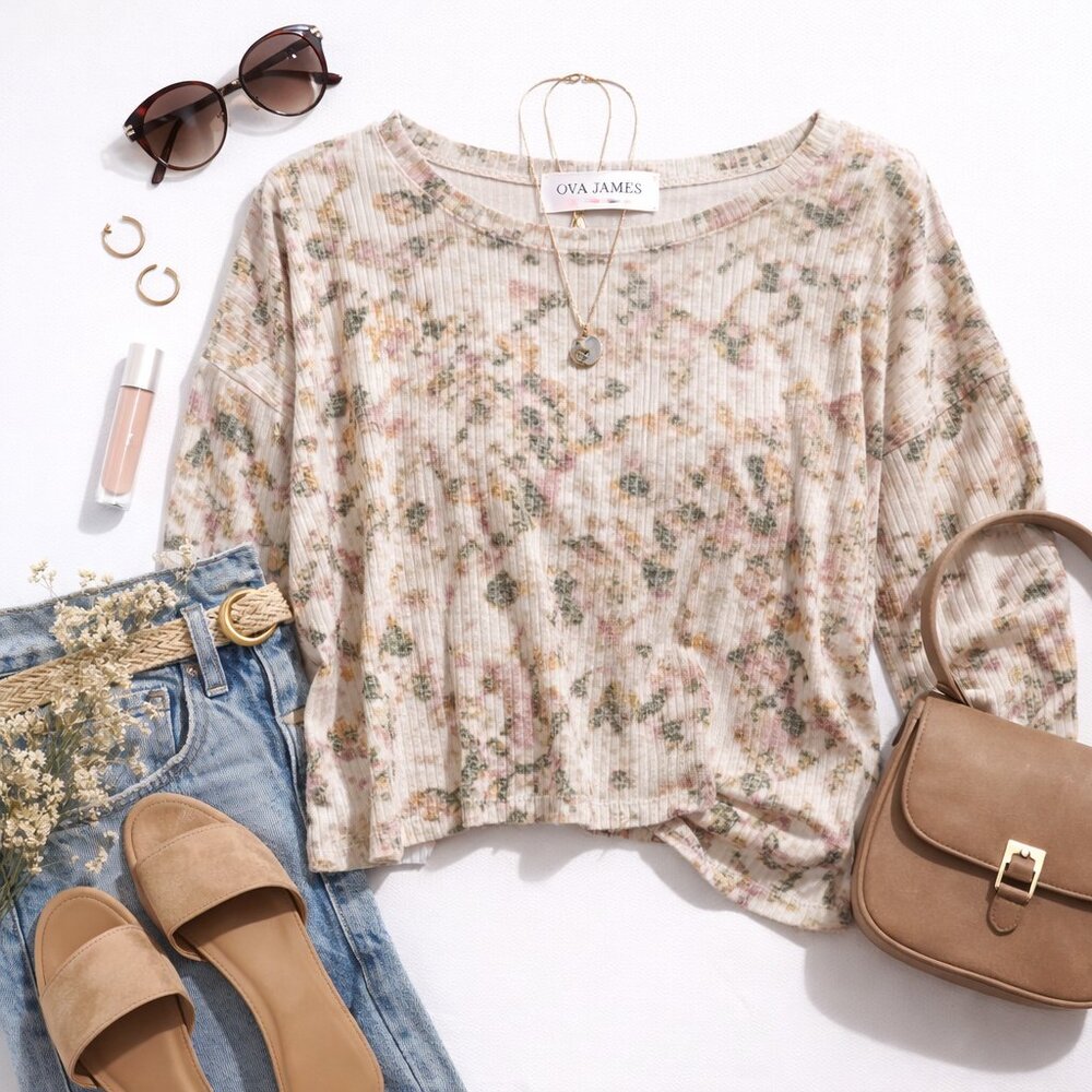 💚 Ova James Floral Ribbed Long Sleeve | Size M | Soft Boho Lightweight Sweater